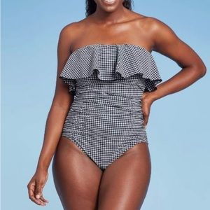 Kona Sol Blue Gingham swimsuit with bandeau flounce top accent Fully lined